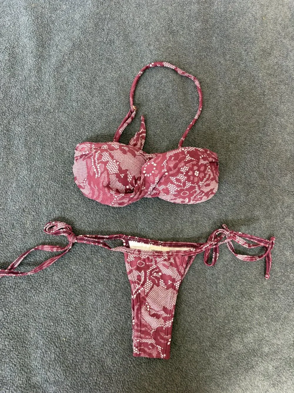 Brazilian Mauve Lace Print Bikini Set | Bandeau Top | Tie-Side Brazilian Bottom